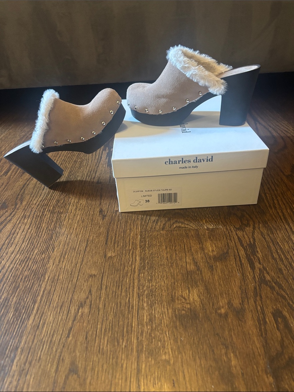 Charles David Beige Suede Fur-Trim Studded Clog Heels